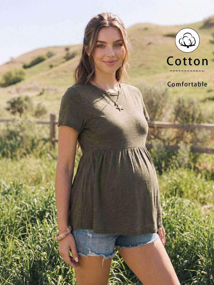 Boho Mama 夏季服装，乡村风，乡村音乐会服装，女士乡村风格，女士乡村服装，孕妇军绿色纯棉基础款T恤，吸湿透气。孕妇纯色圆领短袖荷叶边下摆休闲T恤，孕妇上衣，夏季孕妇装，孕妇套装，纯棉上衣，休闲孕妇装，夏季孕妇上衣，纯棉女装，休闲孕妇连衣裙，孕妇休闲装，纯棉女装，孕妇装，夏季休闲女装，孕妇装，孕妇装，纯棉女装，休闲女装，孕妇上衣，孕妇棉质上衣，产前服装，产后连衣裙，纯棉孕妇装，卡其色孕妇上衣，孕妇装，春夏纯色T恤，田园风女装，纯棉孕妇上衣，休闲孕妇上衣，孕妇T恤，春夏孕妇装 - 軍綠色 - 查看 1