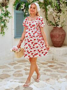 SHEIN Maternity Floral Print Ruched Casual Vacation Puff Sleeve Dress - Multicolor - View 5