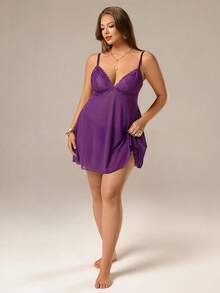 Auralis Conjunto de 2 piezas de vestido sin mangas con empalmado de encaje y malla, con sujetador sin aros y tanga para tallas grandes - Rojo violeta - View 5