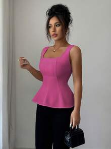 Elenzga Women's Elegant Square Neck Sleeveless Blouse, Suitable For Office, Commute, Afternoon Tea, Party, Vacation And Casual Occasions - Hot Pink - View 3