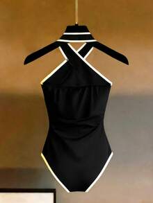 Franclia Women's New Halter Neck Criss-Cross Trim Fitted Bodysuit, Minimalist Versatile - Black - View 2