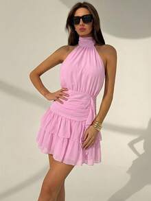Aloruh Waist Cinched Ruched Hem Flounce Back Tie Mini Dress, Valentine's Day,Pink Dress - Pink - View 4