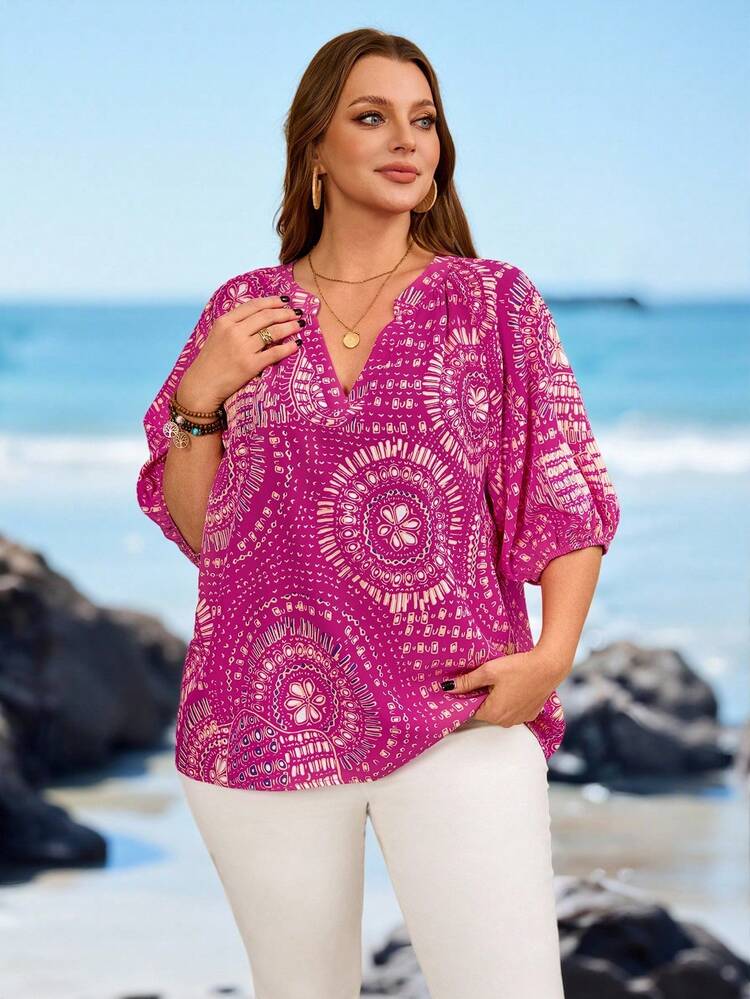 Plus Size Women Floral Pattern Lantern Sleeve Vacation Shirt,  Plus Size Summer Tops, Pink Top