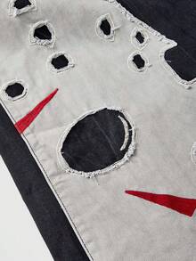 Friday the 13th X ROMWE Collaboration Oversized Graphic Embroidered Wide Leg Loose Jeans With Drawstring Waist Belt For Women - Grey - View 4