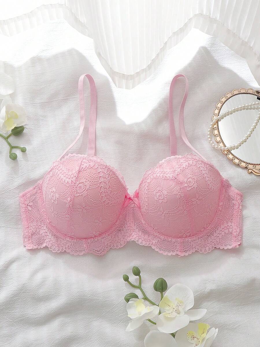 DelicateAllure Áo ngực ren có gọng dành cho nữ, có đệm mút không thể tháo rời, cỡ 1/2. - Hồng - Xem 1