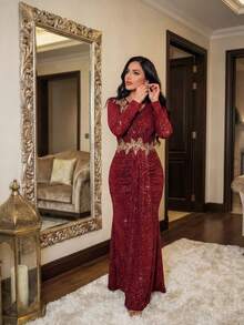 SHEIN Lady Wine Red V-Neck Sequin Patchwork Twist Front Fitted Elegant Long Sleeve Dress Weddings & Events Wedding Luxury Evening Dresses For Weddings Graduation Ceremony Party Graduation Dress Elegant Dresses Red Dress Red Dress For Women Sequin Spring Summer Red - Burgundy - View 4