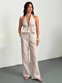 SHEIN Tall 女士优雅复古杏色条纹系带背心低腰阔腿裤两件套 - 卡其色 - 查看 4