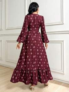 Veilorie Women's Floral Pattern Round Neck Lantern Sleeve Elegant Modest Dress Tea Party Day Party Burgundy Autumn - Multicolor - View 5
