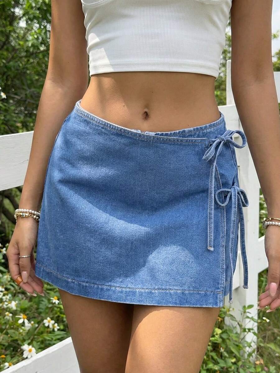 Sunnyshic Women's Knotted Versatile Casual Denim Mini Skirt - Blue - View 1
