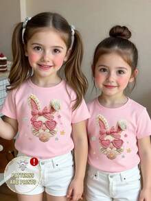 Light Pink Summer Casual Cute Baby Girls Graphic Graduation T-Shirt,Cartoon Bow Rabbit Pattern Letter Print Comfortable Short Sleeve Easter Holiday - Pink - View 3