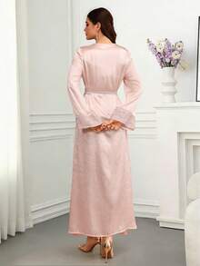 Elegant Luxurious Embroidered V-Neck Flare Sleeve Dress, Fashionable For Spring/Summer - Pink - View 3