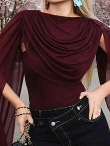 Elenary Edit Burgundy Round Neck Ribbon Fitted Bodysuit For Women, Suitable For Graduation Party, Formal Occasions, Cocktail Party, Romantic Date, Autumn/Winter Base Layer, Party, Nightclub, Formal Gathering, Going Out At Night, - Burgundy - View 5