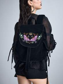 ROMWE Flower Type: 1689137 High Quality Embroidery Thread Sun Star Moon Moth Mushroom Plant Pattern Backpack Dark Goth Backpack - bright black - View 7