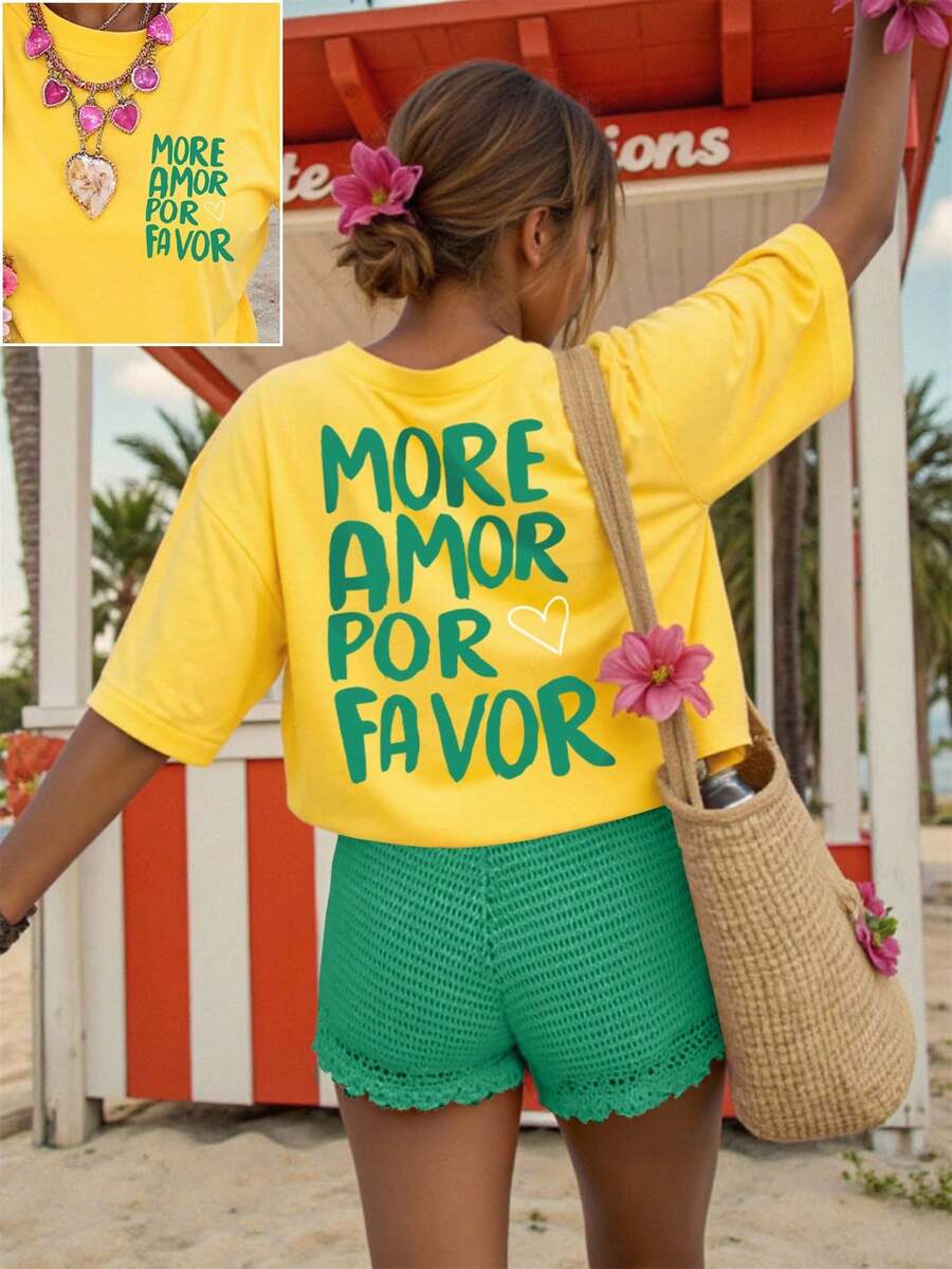 DrmWander Plus Size Round Neck Drop Shoulder Short Sleeve Fashionable Printed Loose T-Shirt, Summer - Yellow - View 1