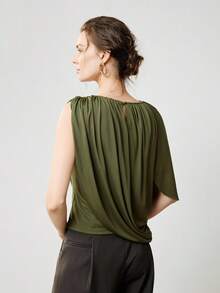 Uhlyne Uhlyne Asymmetrical Design Casual Commuting Single Sleeve Women T-Shirt,Autumn,Minimalist,Business Casual,Holiday,Work Wear,Teacher,Back To School,Fall,Old Money Style - Olive Green - View 3