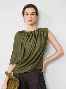 Uhlyne Uhlyne Asymmetrical Design Casual Commuting Single Sleeve Women T-Shirt,Autumn,Minimalist,Business Casual,Holiday,Work Wear,Teacher,Back To School,Fall,Old Money Style - Olive Green - View 5