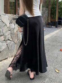 DAZY Chân váy nữ dáng rộng, thoải mái, phối ren và satin, thích hợp cho mùa hè. - màu đen - Xem 2