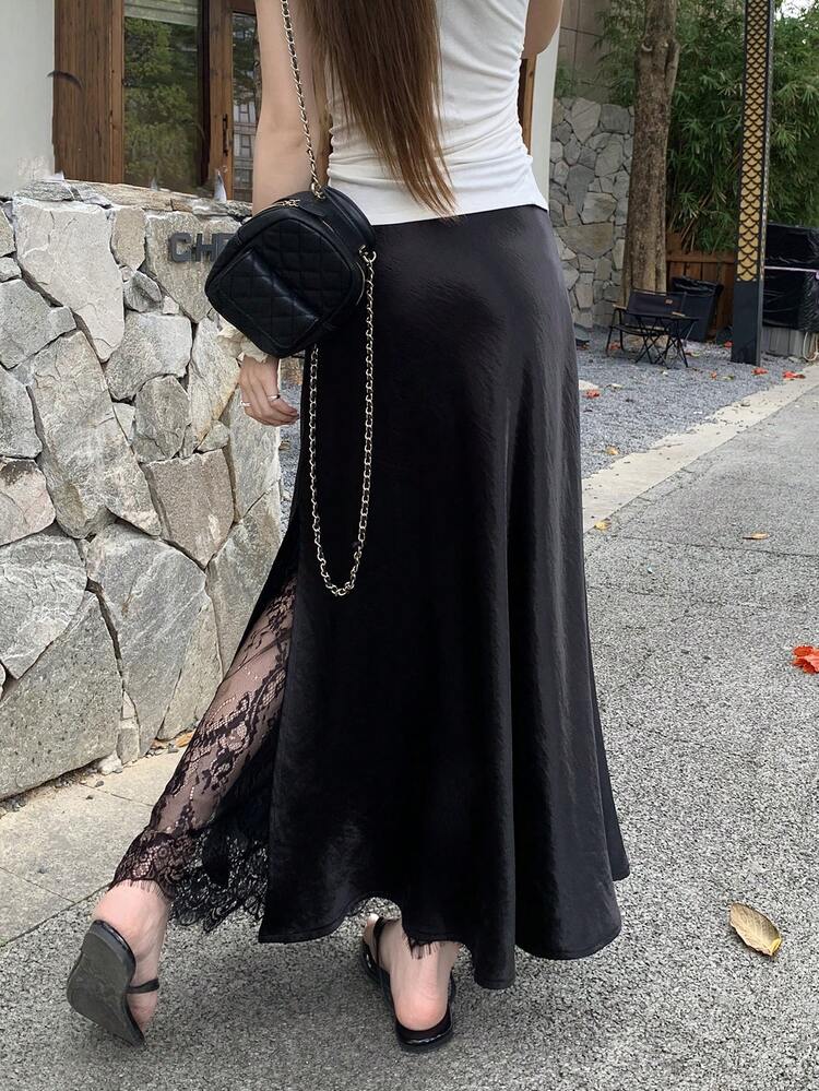 Women's Satin & Lace Patchwork Casual Loose Skirt Summer