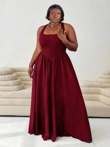 CurvyTilda Plus Size Women's Elegant Elegant Simple Solid Color Square Neck Waist Gathered Flared Hem Dress, Summer Party - Burgundy - View 1