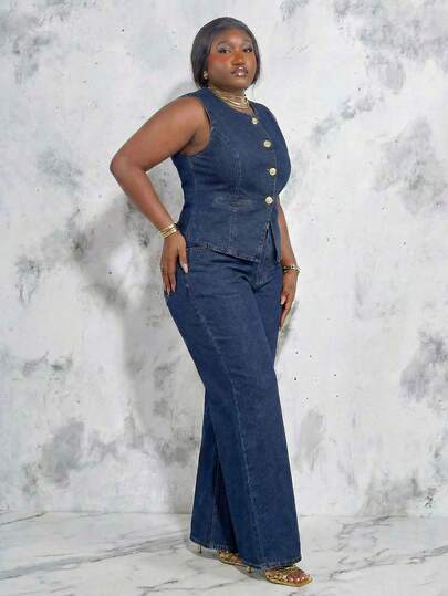 CurvyTilda Bộ 2 món thường ngày cho nữ cỡ lớn gồm áo vest denim cài một hàng khuy và quần ống rộng