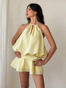 SHEIN Tall 女士迷你连衣裙纯色简约时尚休闲日常连衣裙，女士夏季连衣裙，白色毕业礼服 - 淡黃色 - 查看 2