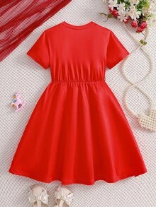 Elladie kids 女童圆领卡通独角兽可爱印花修身休闲时尚连衣裙，适合度假、聚会、旅行、夏季穿着 - 紅色 - 查看 2