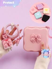6pcs Cute Bow Candy Color Cable Protector Case, Data Cable Organizer Bag, Digital Accessories Storage Box, Anti-Drop Zipper Pouch, Compatible With 20W Fast Charger - Multicolor - View 1