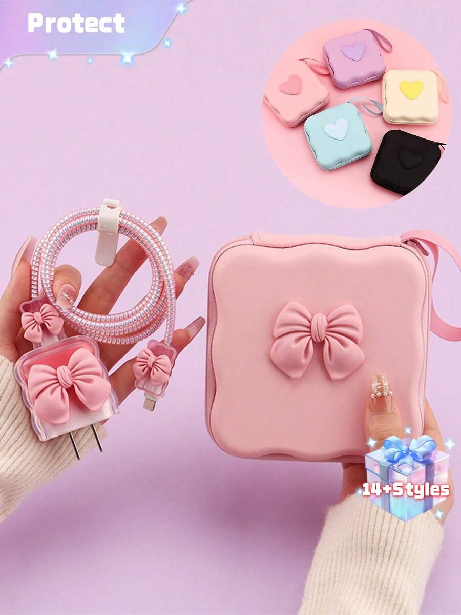 6pcs Cute Bow Candy Color Cable Protector Case, Data Cable Organizer Bag, Digital Accessories Storage Box, Anti-Drop Zipper Pouch, Compatible With 20W Fast Charger - Multicolor - View 1