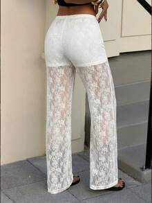 SHEIN EZwear Quần nữ màu trơn, có dây rút, kiểu dáng rộng rãi, thoải mái, phối ren. - trắng - Xem 2