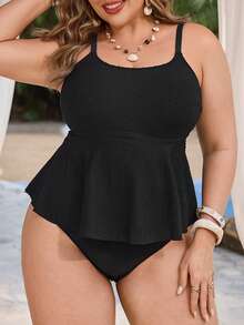 Swim Lushoire Plus Size Black Textured Tankini Swimwear, Ruffled Skirt Strap Top + High Waist Briefs, Beach Holiday Summer - Black - View 1
