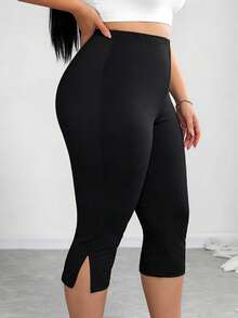 SHEIN CURVE+ 女士纯色休闲修身开衩七分裤，适合运动、商务休闲、外出等场合，风格复古，也适合教师穿着，七分裤款式多样，是夏季女士的理想选择。 - 黑色 - 查看 4