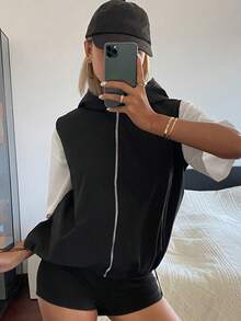 DAZY 女士宽松纯色连帽拉链休闲运动度假背心外套，夏季 - 黑色 - 查看 1
