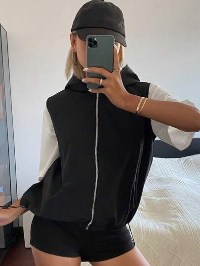 DAZY Damen Lose einfarbige Kapuzen Reißverschluss Casual Sport Urlaub Weste Jacke, Sommer