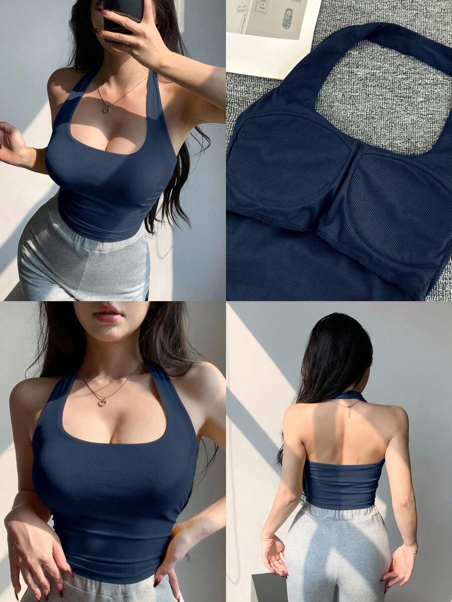 DAZY 女款春夏時尚藍色性感音樂節修身短版細肩帶露背背心內搭衫 - 藏蓝色 - 查看 1