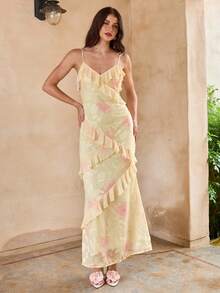 Enchnt Đầm hai dây Jacquard bất đối xứng với đường viền xếp nếp, phong cách nghỉ mát biển. - Màu vàng - Xem 7
