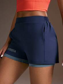Powerista Letter Print Elastic Waist Slant Pocket Casual Sports Shorts - Blue - View 5