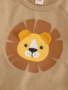 Cozy Pixies 2pcs Baby Boy Cartoon Lion Pattern Knit Soft Round Neck Short Sleeve Top And Elastic Waist Shorts Set - Khaki - View 5