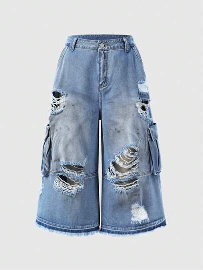 ROMWE Grunge Punk 原创设计解构水洗做旧七分牛仔裤，街头风重度做旧工装裤