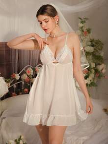 Women's Summer Mesh Contrast Lace Ruffle Hem Camisole Nightgown - White - View 4