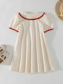 THE HAPPY LOOK Young Girl Strawberry Print Peter Pan Collar Short Sleeve Waist Tie Casual Dress - Apricot - View 2