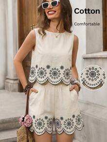 SHEIN Clasi 无袖刺绣上衣和短裤棉质套装 - 米色 - 查看 1