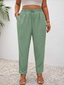 SHEIN Frenchy Plus Size Vacation Solid Color Knotted Casual Pants With Pockets - Mint Green - View 3