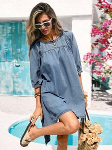 Vivid Eden Women's Raglan Sleeve Loose Casual Denim Dress For Summer - Light Wash - View 3