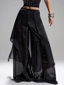 LYSMO Quần ống rộng màu trơn thời trang dành cho nữ, thích hợp mặc đi làm. - màu đen - Xem 3