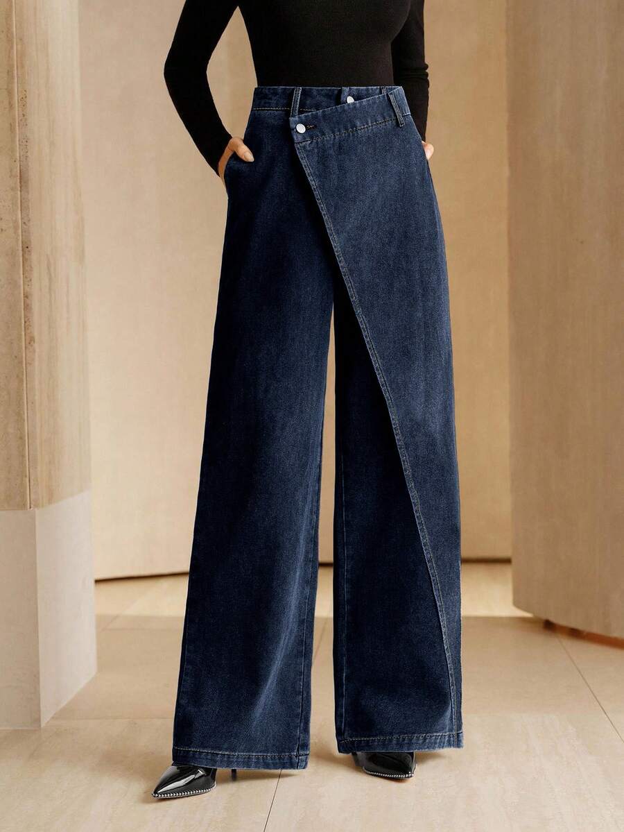 Anewsta Asymmetrical Design Women's Loose Fit Pockets Wide Leg Jeans - Blue - View 1