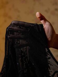 ROMWE Sexy Lace Sheer Hem Backless Flare Sleeve Blouse For Women - Black - View 7