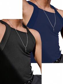 Manfinity Homme Plus Size Men's Solid Color Square Neck Slim Fit Pleated Casual Tank Top, Summer - Multicolor - View 3