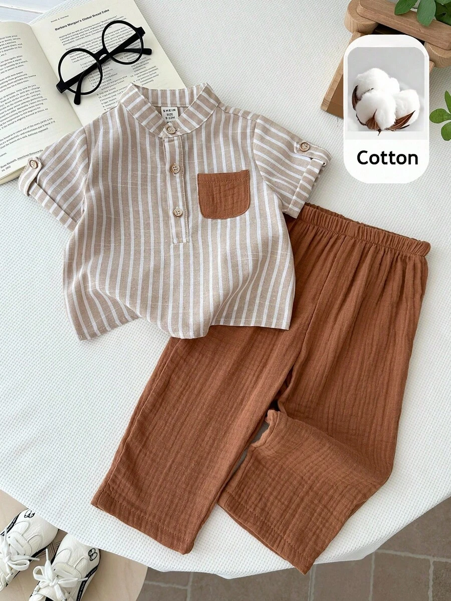 LMoss Kids 男婴休闲纽扣半开襟口袋条纹短袖衬衫和裤子套装 - 彩色 - 查看 1