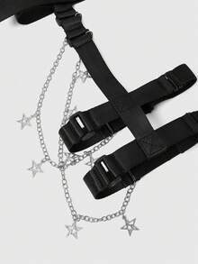 ROMWE Goth 1 pieza Cinturón de liga ajustable de lona con cadenas de estrella de cinco puntas de metal - Cadena de doble pentagrama negra - Ver 3
