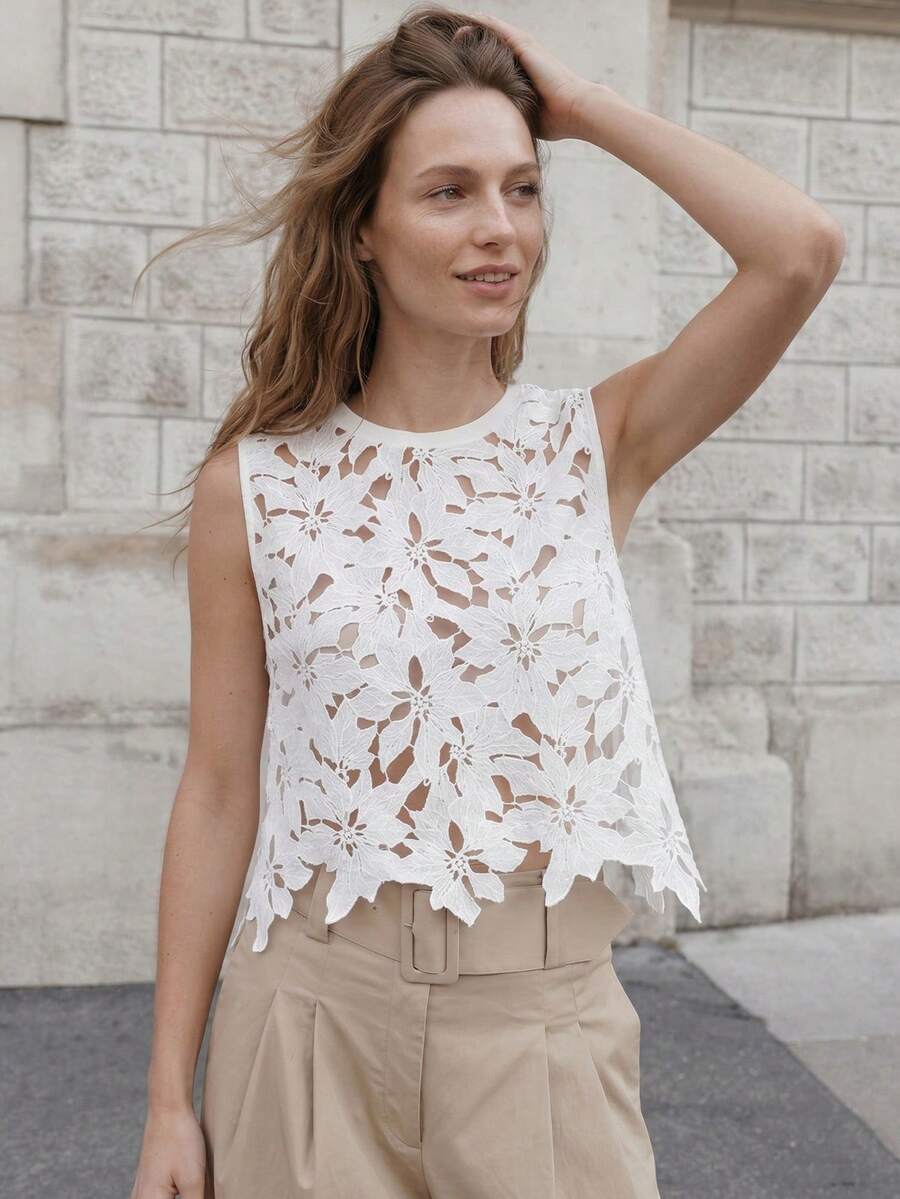 CielaLinda 女士水溶性花卉蕾丝吊带背心休闲罩衫，适合春夏海滩度假 - 白色 - 查看 1